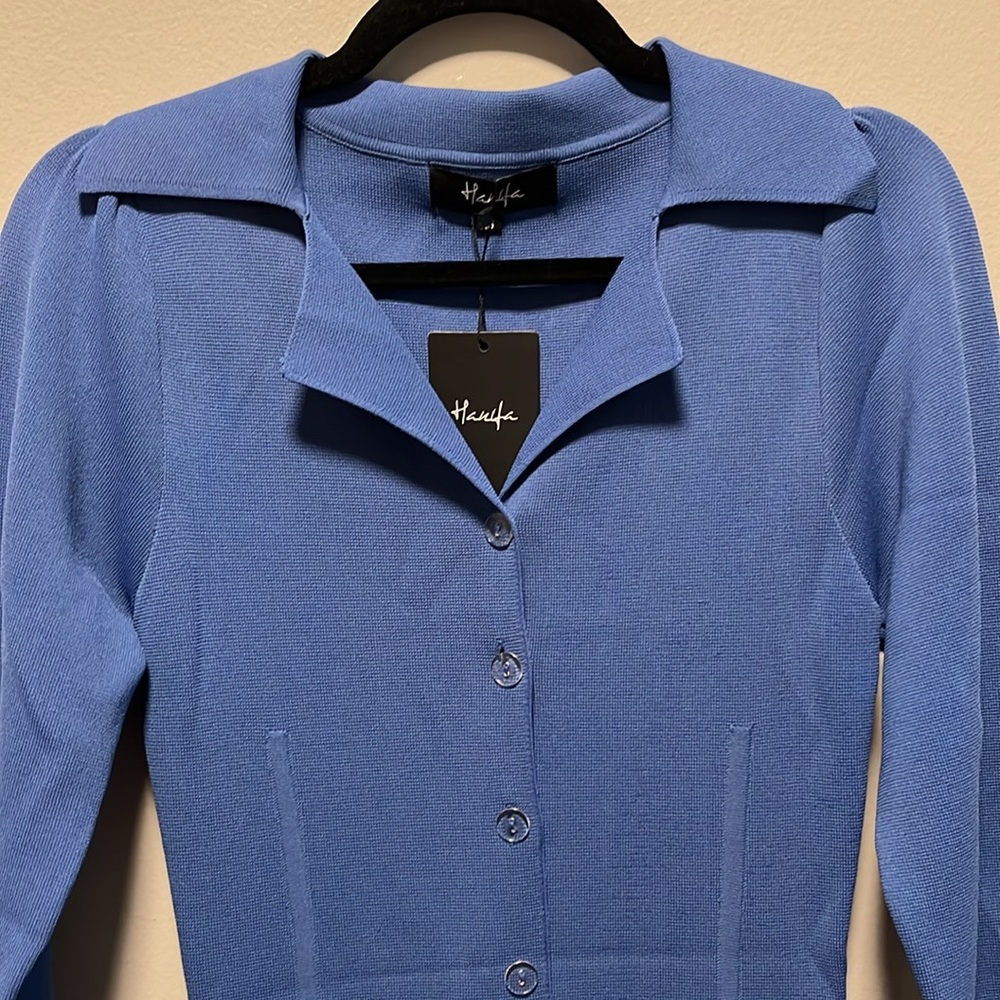 HANIFA (NWT) Cheri II Blue Long Sleeve Button Front Sheath Dress, Size XS - Picture 5 of 16